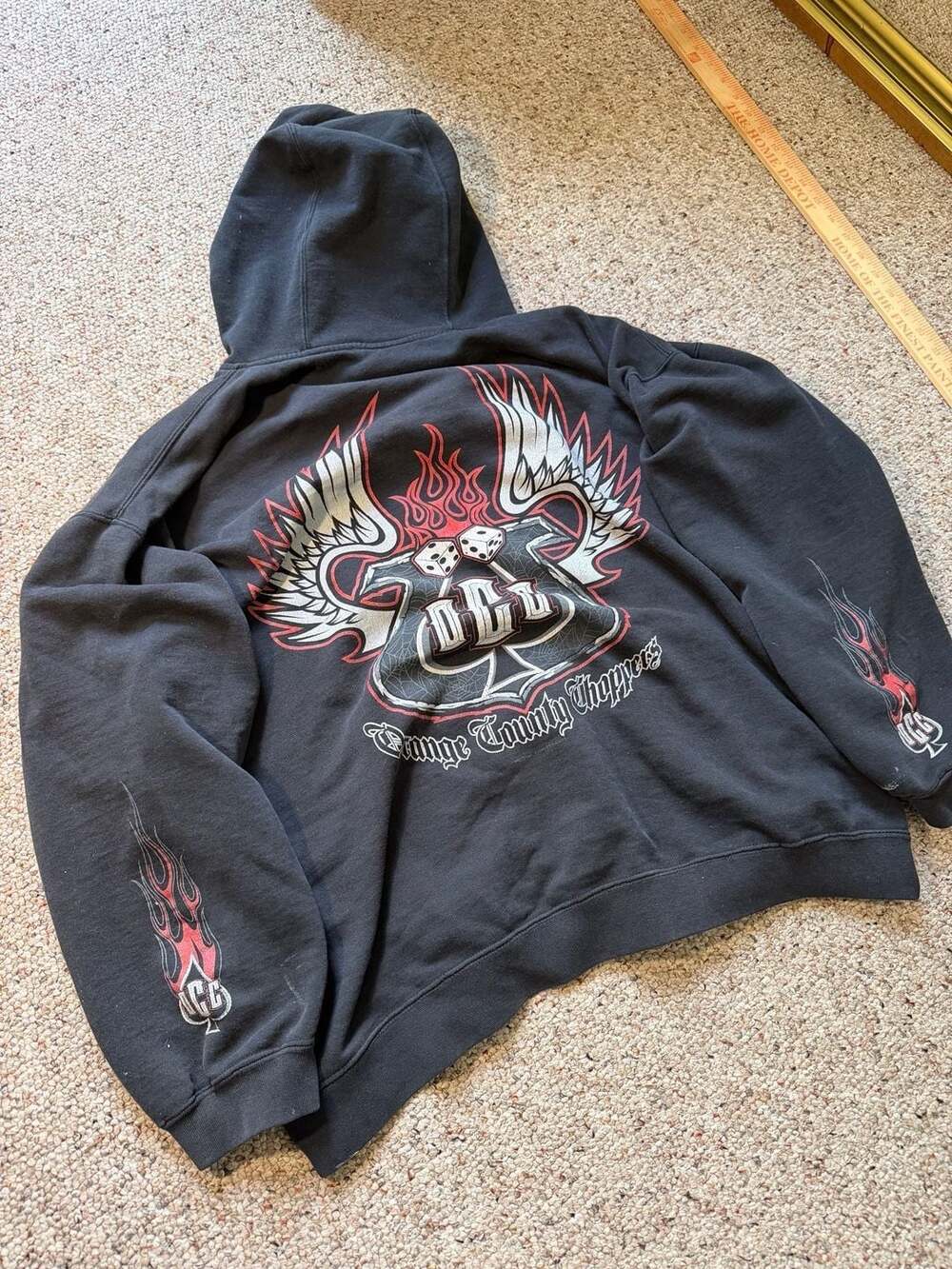 Thrashed Vintage Orange County Choppers Winged Dice Graphic Hoodie Black Size L - Picture 1 of 9